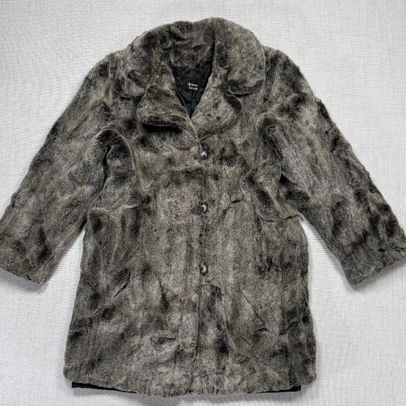 Vintage Dennis Basso Faux Fur Coat Gray Button Front Long Sleeve USA Size S - Picture 1 of 11